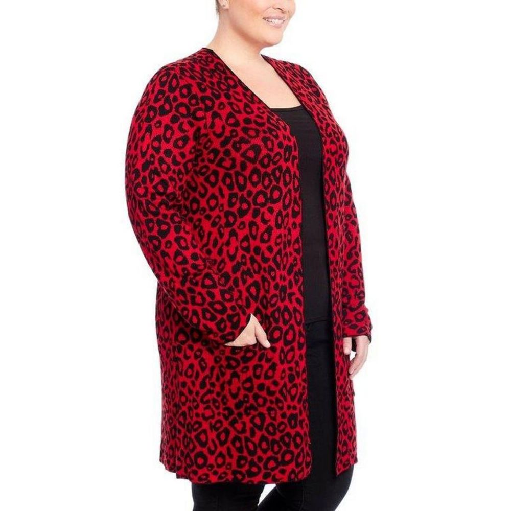 Joseph A. Womens Red Knit Leopard Print Collarless Cardigan Sweater Plus NWT